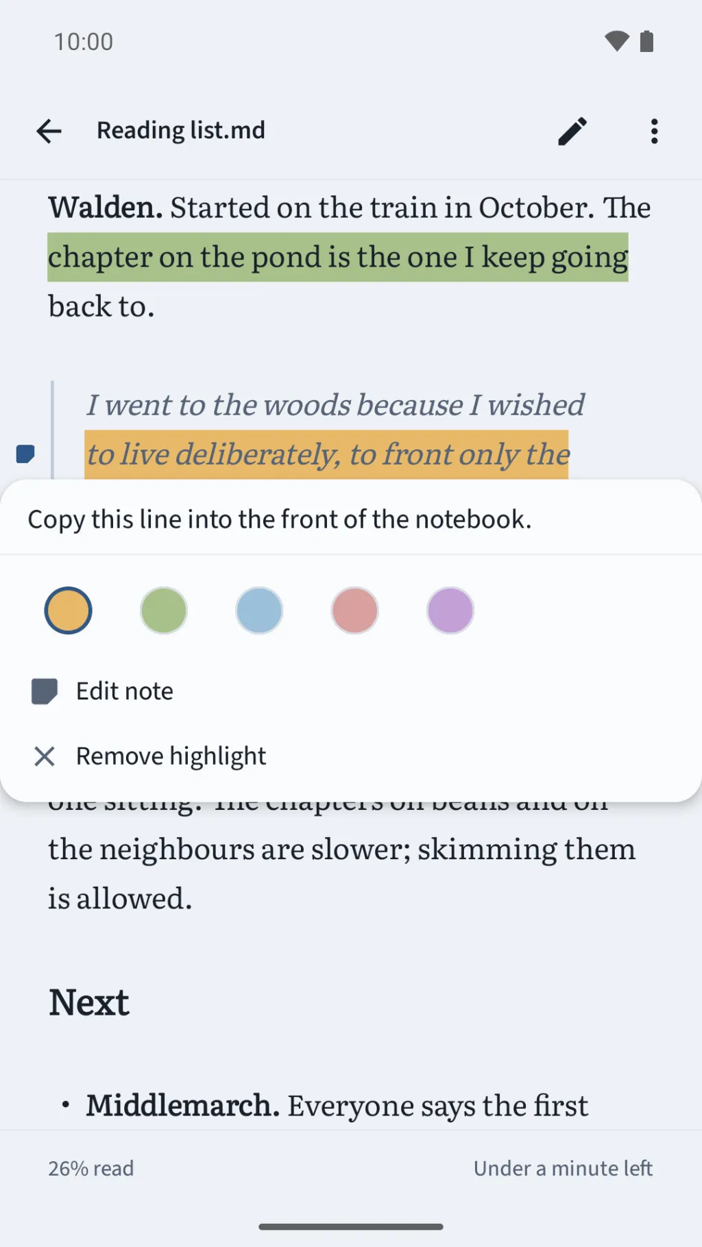 A reading list with two highlighted passages, one green and one amber, and the amber one open to show its note and the five highlight colours