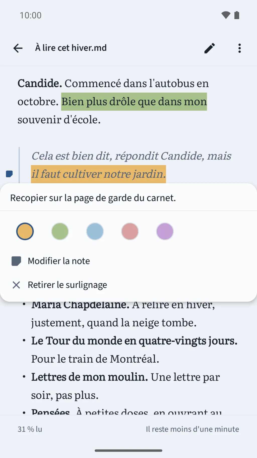 Une liste de lectures avec deux passages surlignés, l'un en vert, l'autre en ambre ; le second est ouvert sur sa note et sur les cinq couleurs de surlignage