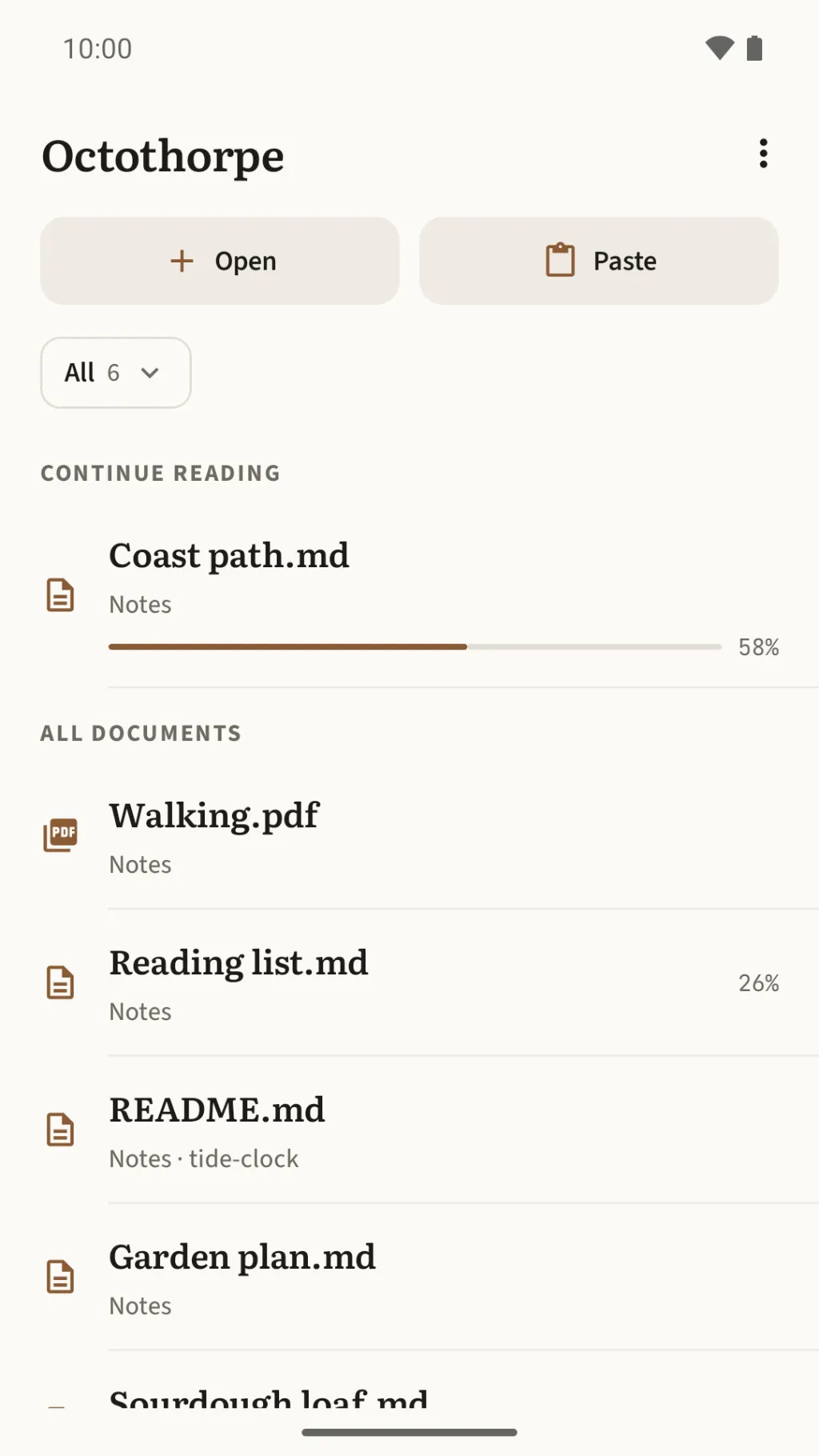The Library: a trip plan under Continue reading at 58%, then every document in the home folder, a PDF among them