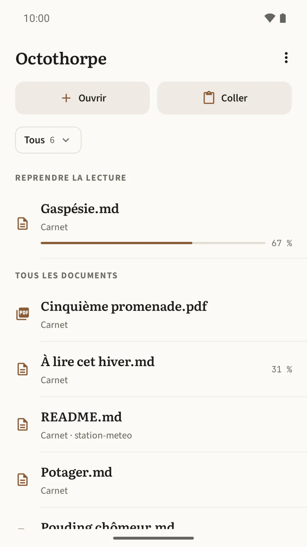 La bibliothèque : un carnet de voyage sous Reprendre la lecture, lu à 67 %, puis tous les documents du dossier principal, dont un PDF