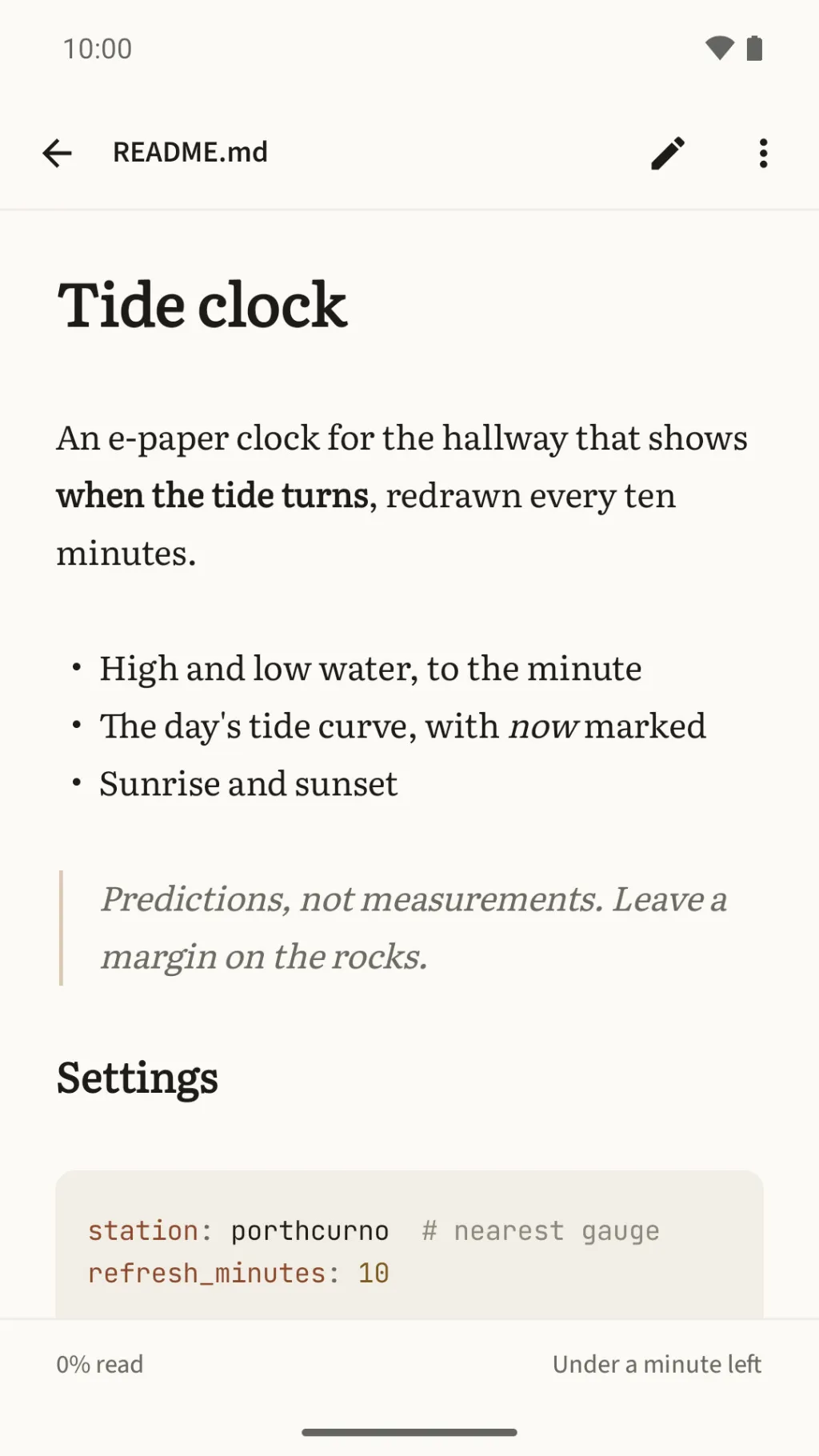 The same README with its marks gone: a serif heading and body, a bulleted list, a quote and a coloured code block