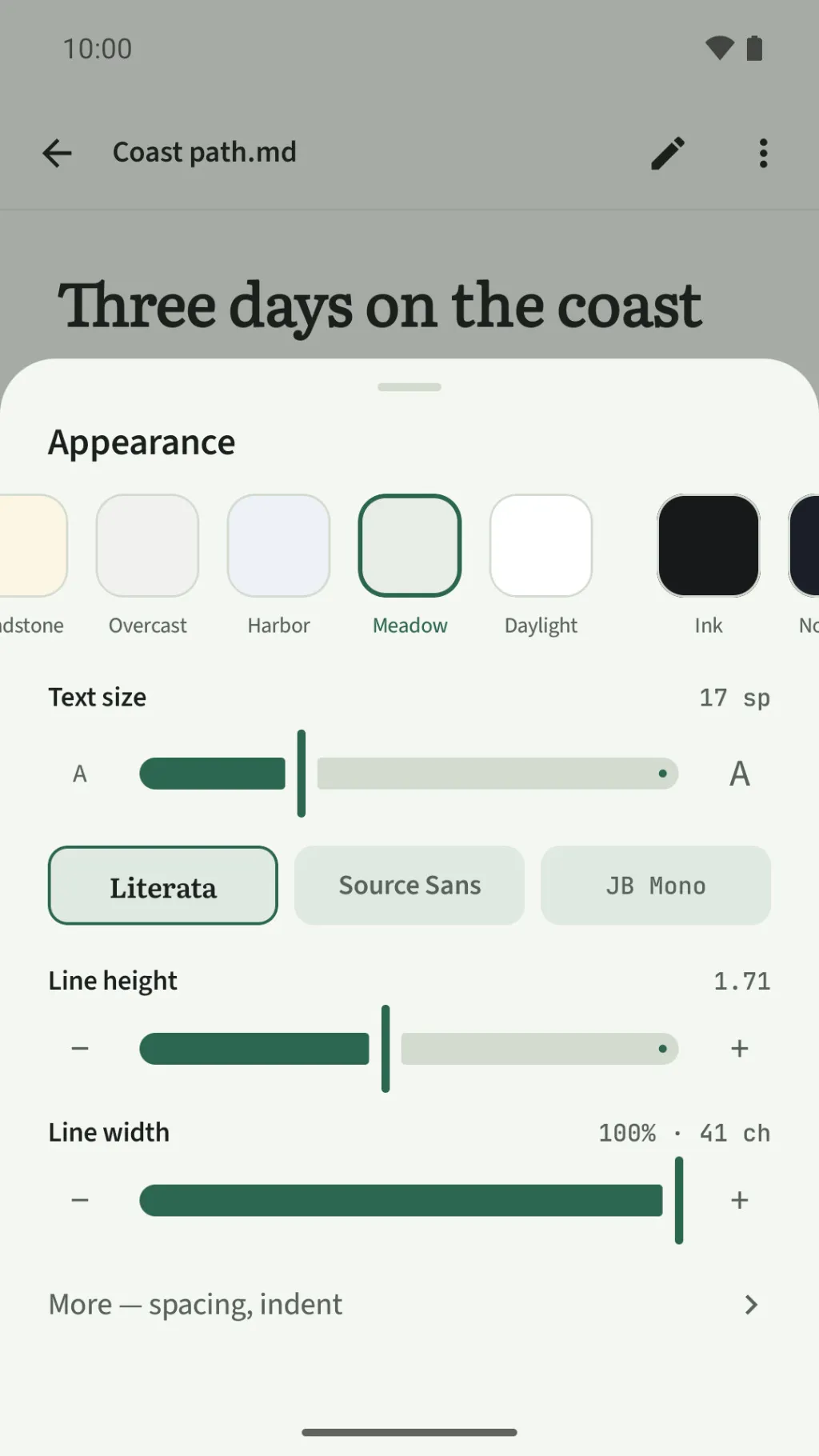 The Appearance sheet in the Meadow theme: a row of theme swatches, the three typefaces, and sliders for text size, line height and line width