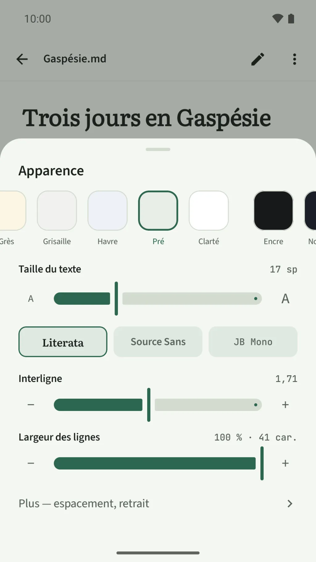 Le panneau Apparence dans le thème Pré : une rangée de thèmes, les trois polices, et des curseurs pour la taille du texte, l'interligne et la largeur des lignes